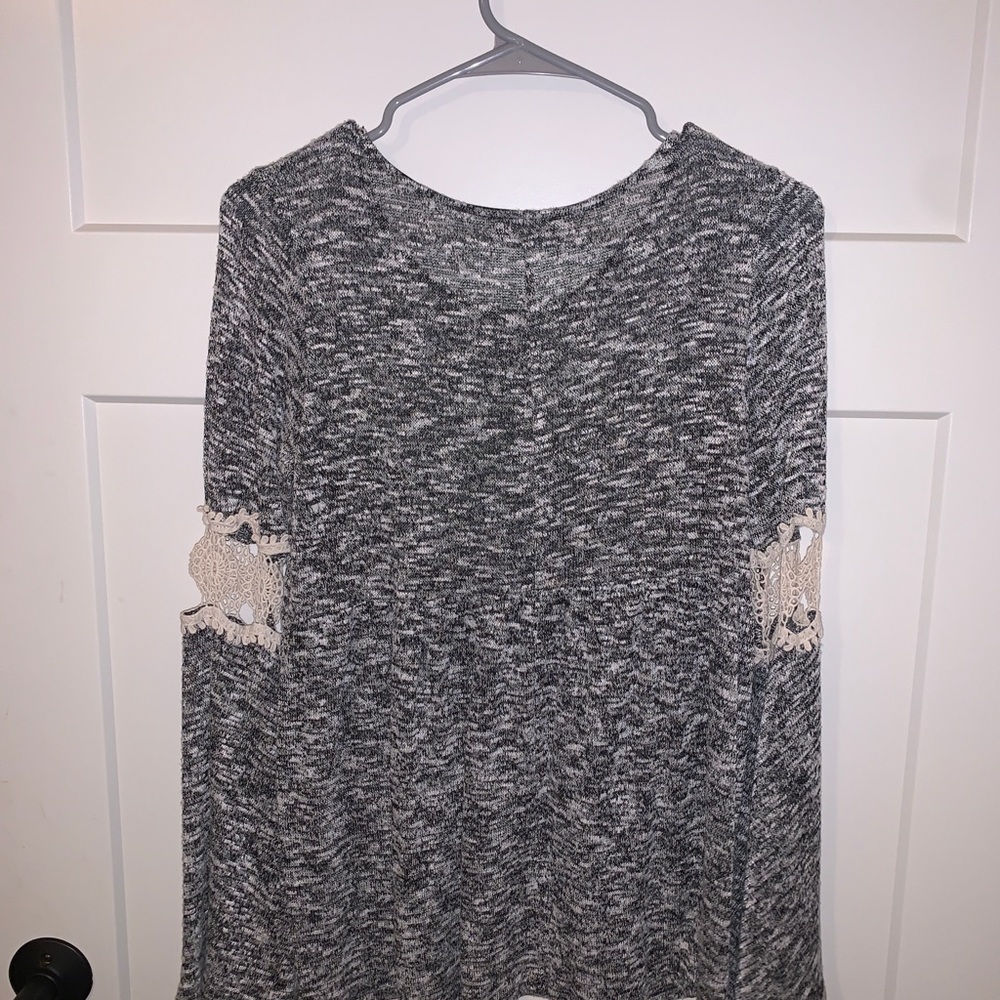 Dee Elle Grey Babydoll Blouse w/ Lace Bell Sleeves - Picture 2 of 2